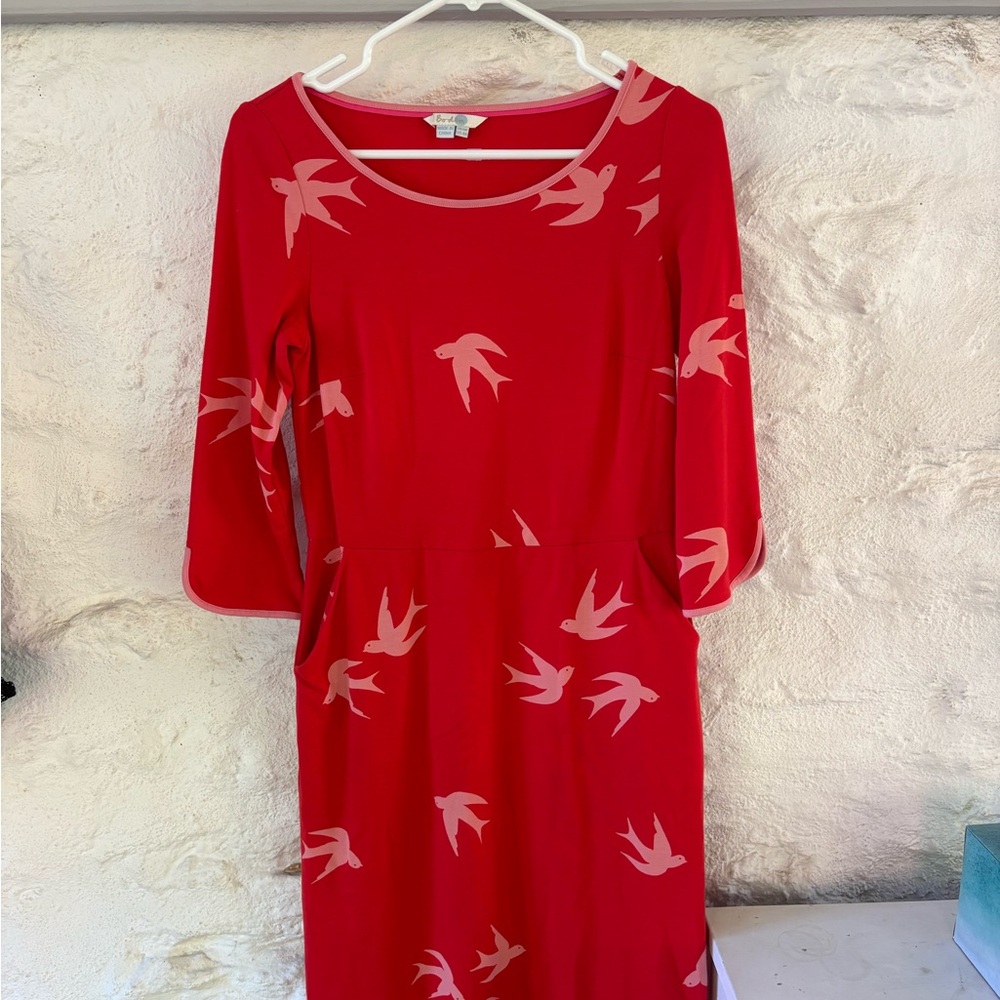 Boden Red Dress with Bird Pattern